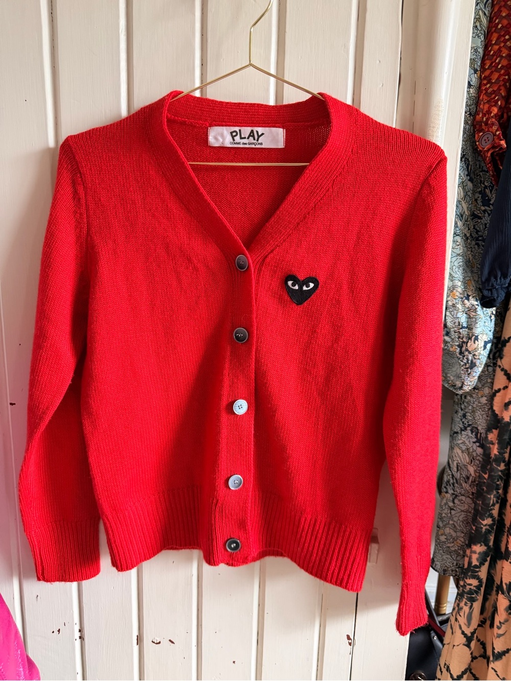 Comme des Garcons Play Red V-Neck Button Cardigan with Black Heart Patch